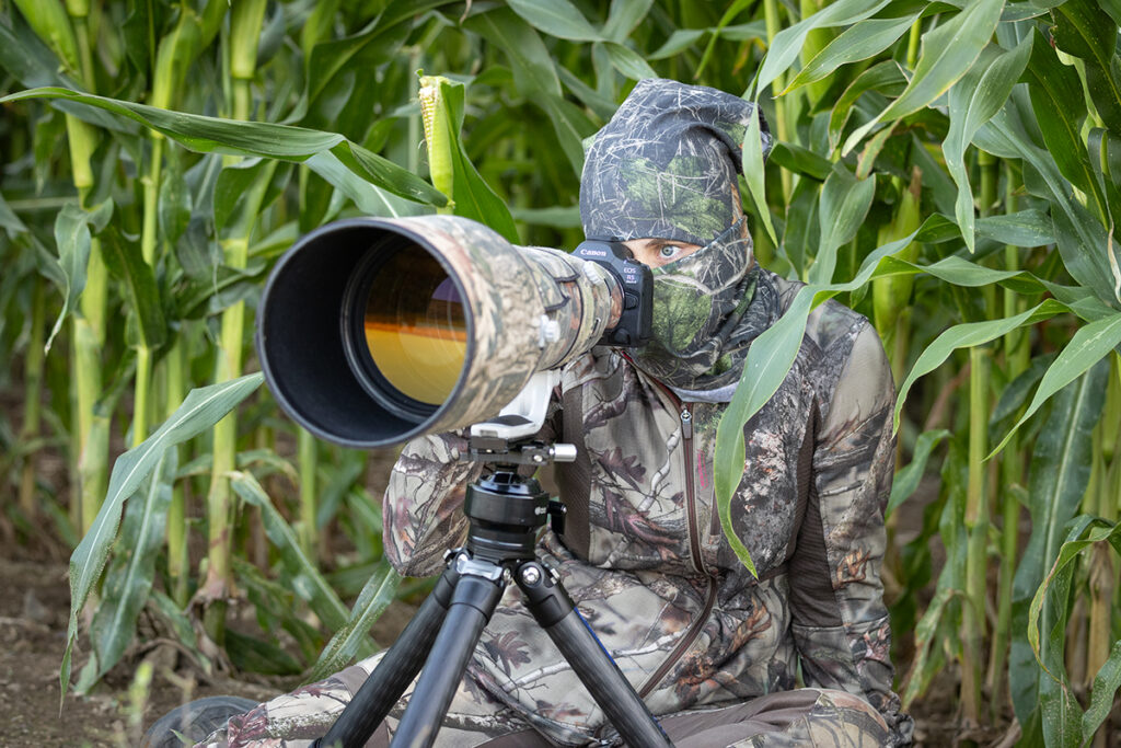 Anne Lindner mit Canon R5 Mark II und Canon EF 600 mm F4 II USM vor einem Maisfeld 