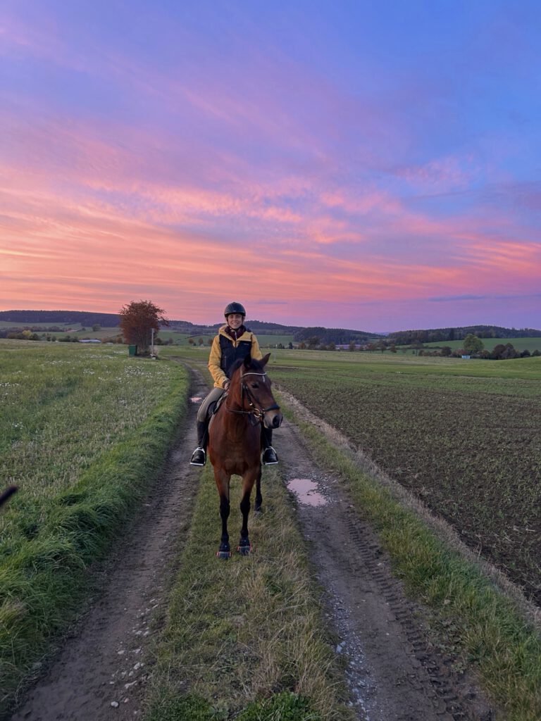 Anne reitet Amicelli auf einem Feldweg im Abendrot